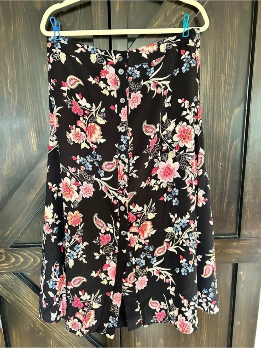 LOFT Black Floral Button-Front A-Line Skirt with Pink and Blue Blossoms